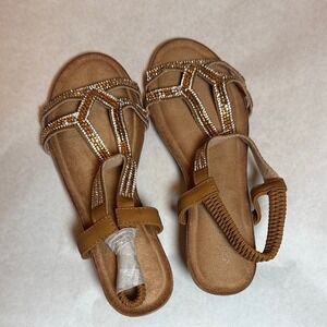 Atalina Wedge Sandals Women 7.5 Tan Like New Rhinestone Embellished